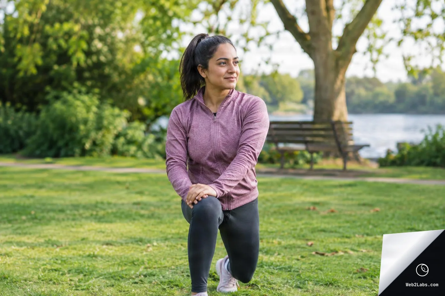 Woman in a mauve zip-up athletic top and dark leggings kneels on one knee on grass in a park near a lake, pausing and looking to the side with trees and a bench in the background.