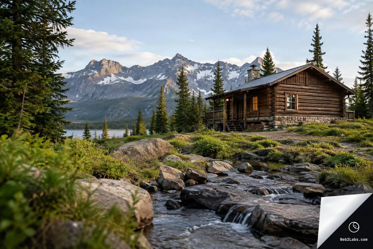 Log cabin on a grassy hillside beside a rocky stream, with evergreen trees and rugged snow-patched mountains under a soft evening sky.