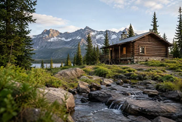 Mountain Cabin Beside Rocky Stream