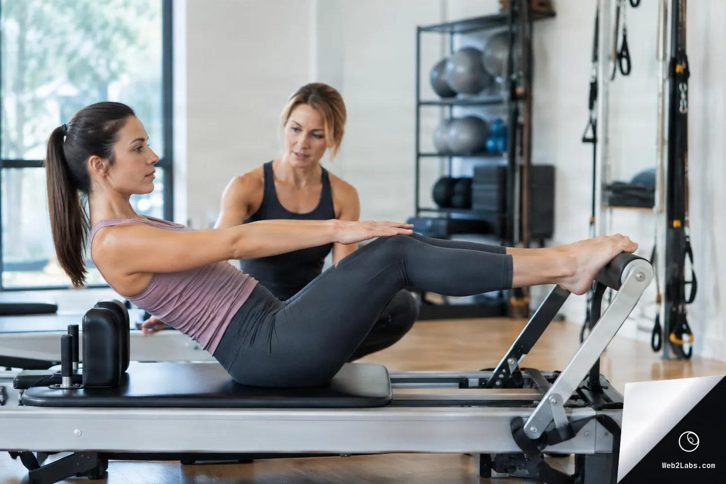 Woman doing a pilates exercise on a reformer machine with legs extended and arms forward while an instructor watches in a bright studio.