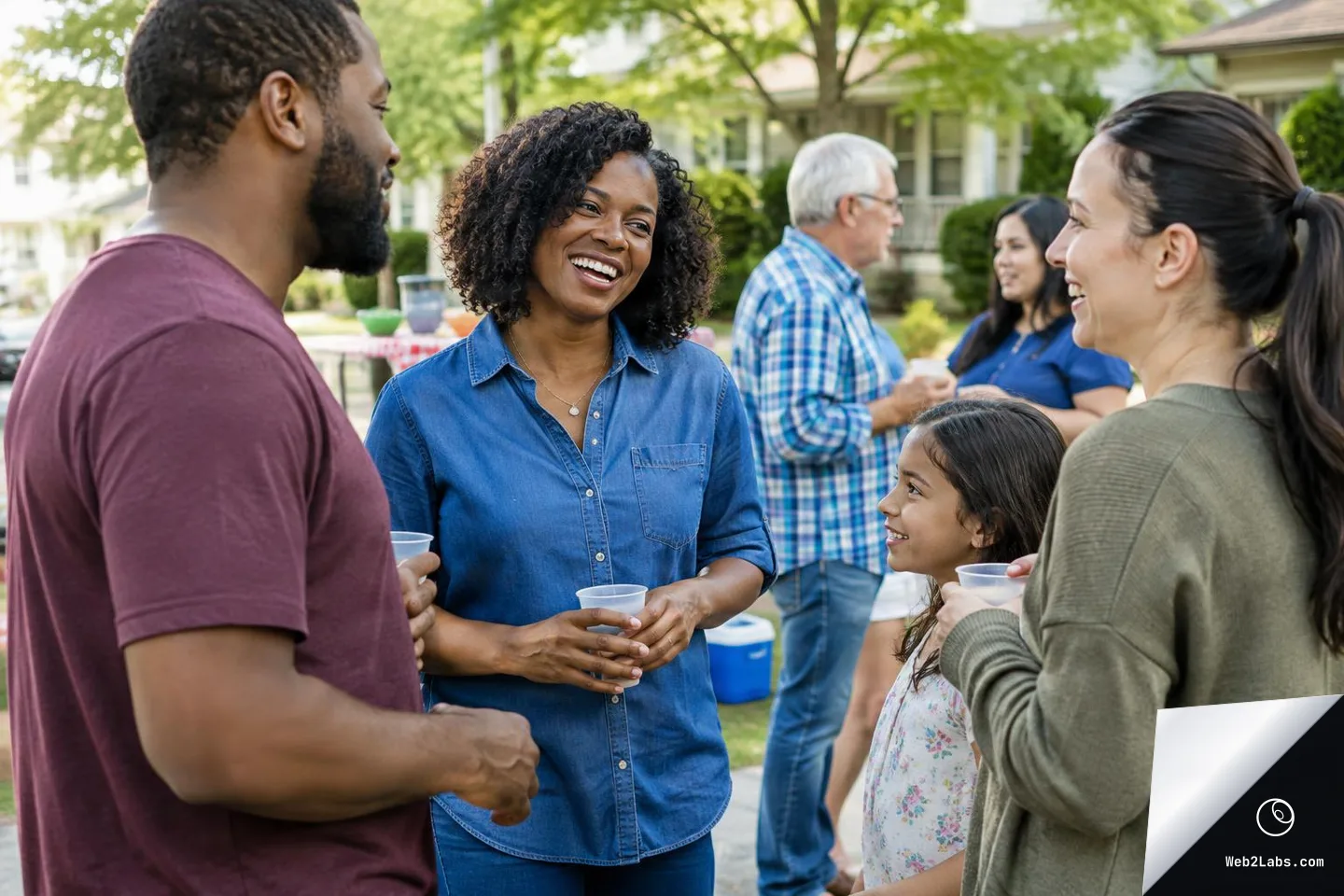 Group of neighbors talking and smiling outdoors at a casual neighborhood gathering, holding plastic cups, with houses and other guests in the background.