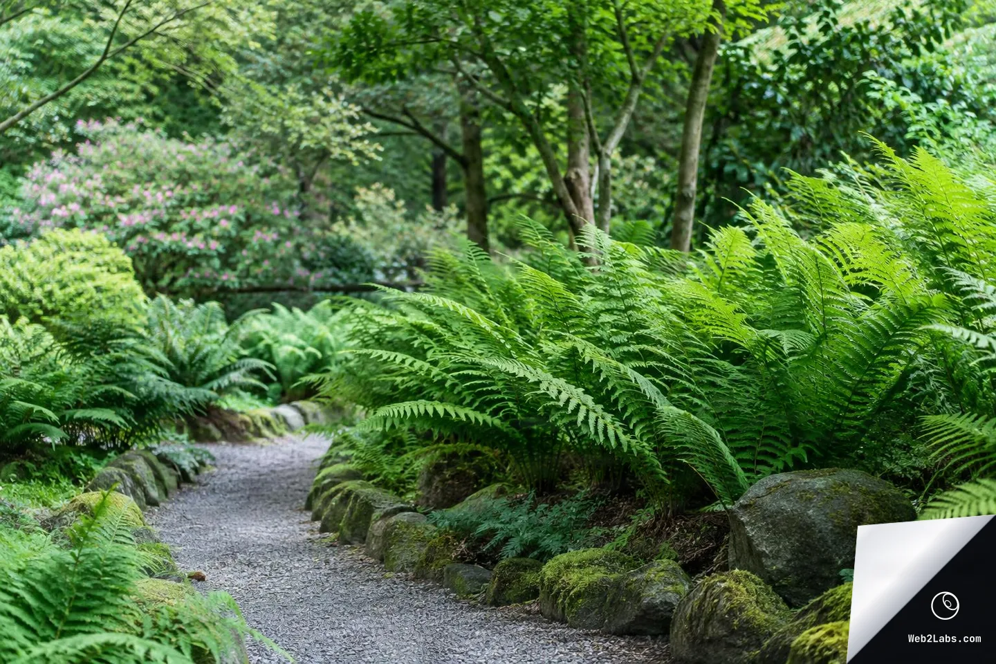 Gravel path curving through a shaded garden, lined with moss-covered rocks and dense bright green ferns, with trees and soft foliage in the background.