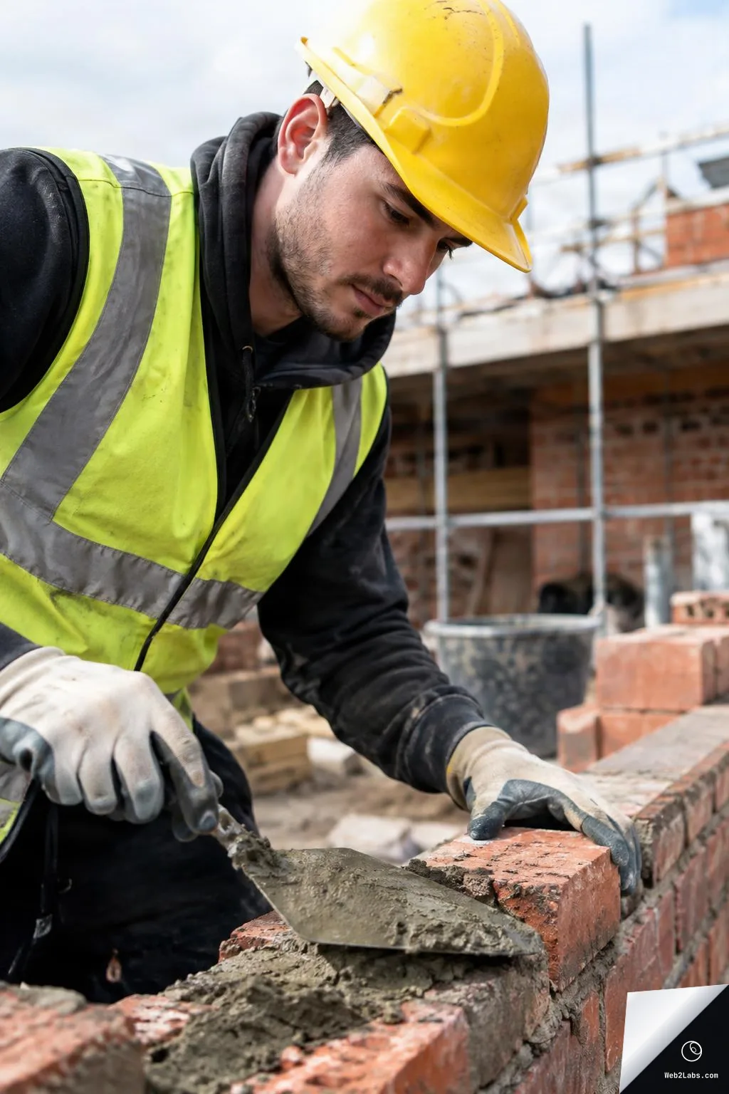 Close-up of a construction worker wearing a yellow hard hat and high-visibility vest, using a trowel to spread mortar on a brick wall at a building site with scaffolding in the background.