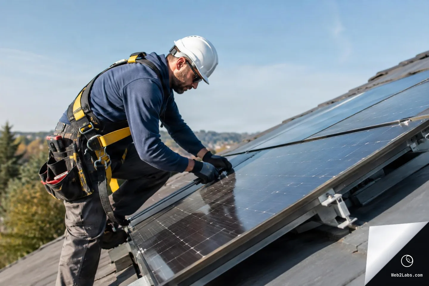 Worker in a hard hat and safety harness installing solar panels on a sloped residential roof in daylight.