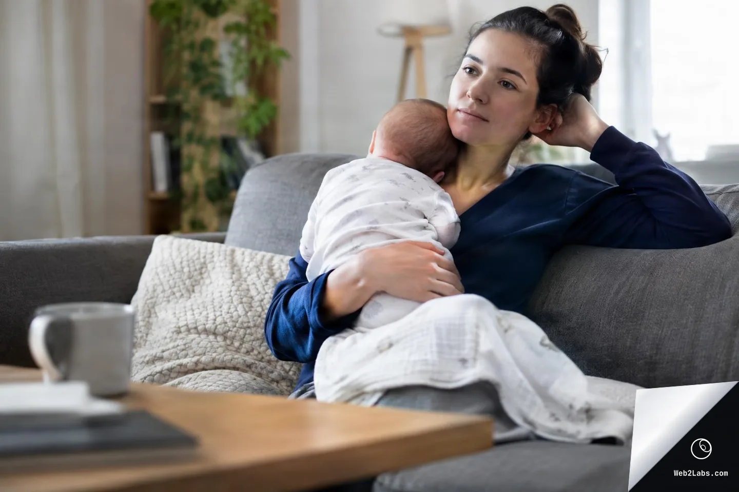 Woman sitting on a gray couch holding a newborn baby against her shoulder in a bright living room, looking off to the side with a tired, calm expression.