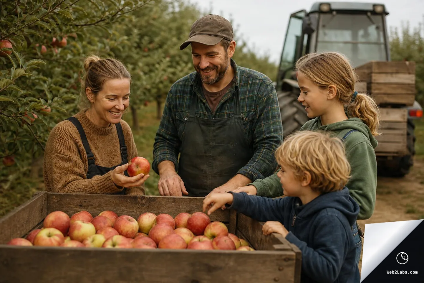 Two adults and two children smiling as they sort red apples in a large wooden crate in an apple orchard, with a tractor and stacked bins in the background.