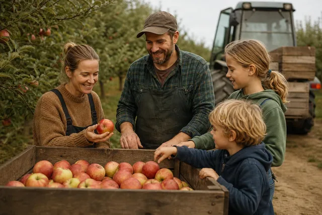 Family Sorting Apples at Orchard