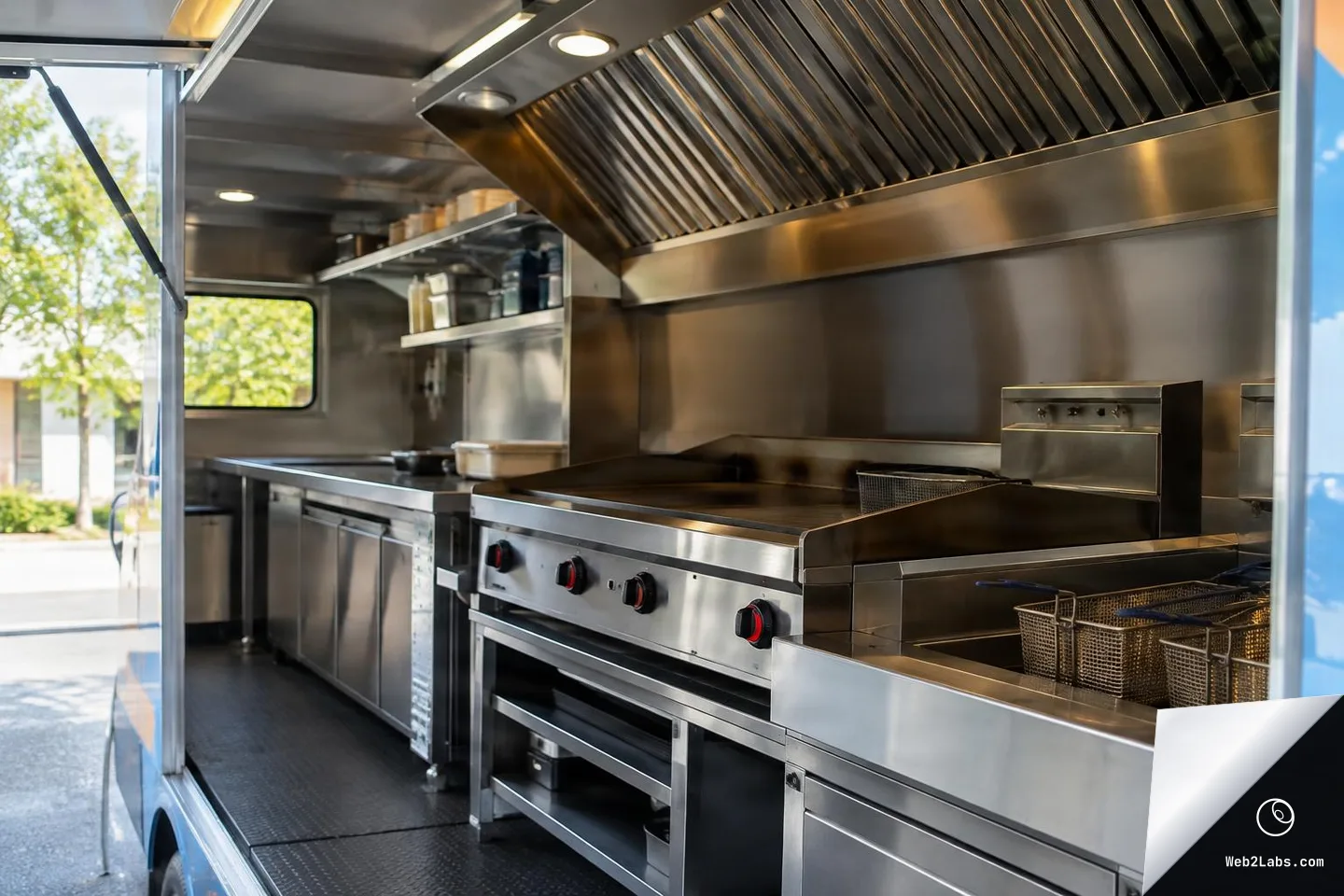 Interior of a food truck kitchen with stainless-steel vent hood, griddle, fryer baskets, prep counters, and shelves, viewed from the open service side with trees visible outside.