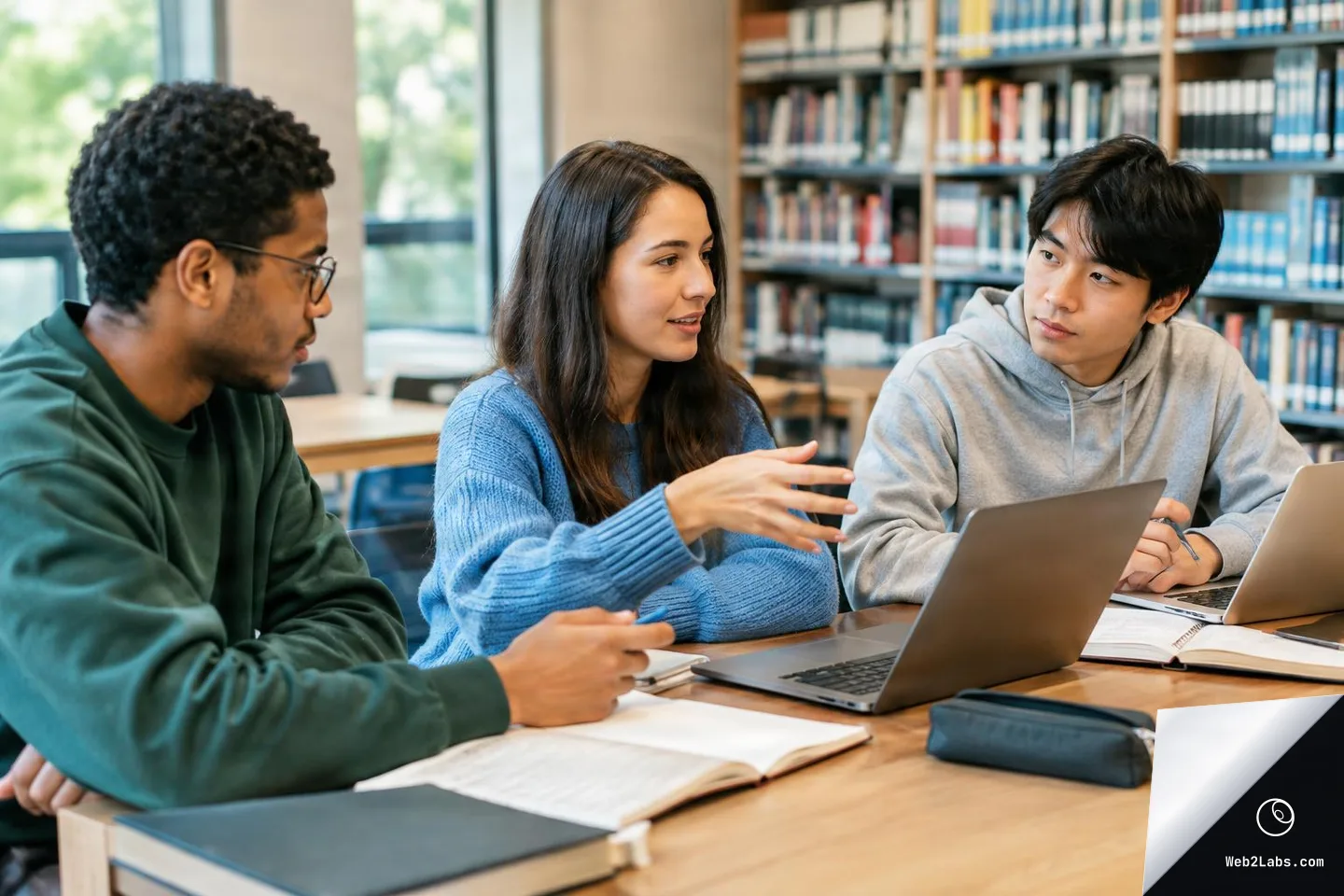 Three college students sit at a library table with laptops and open notebooks, talking and studying together with bookshelves in the background.
