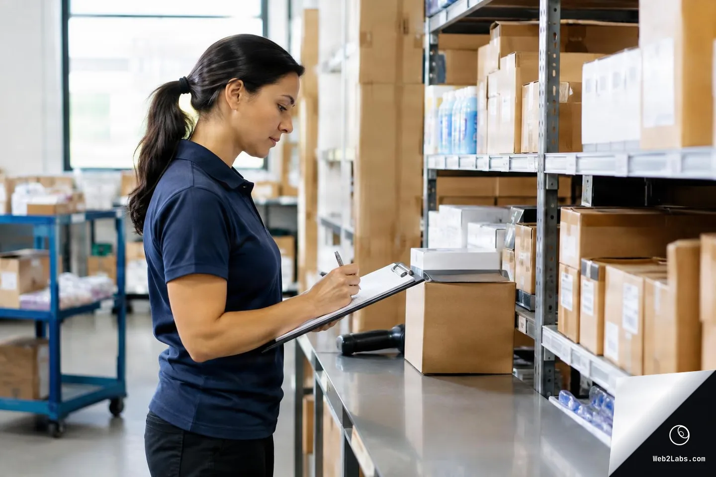 Side view of a warehouse worker writing on a clipboard at a workbench beside metal shelving with cardboard boxes and bottled supplies.