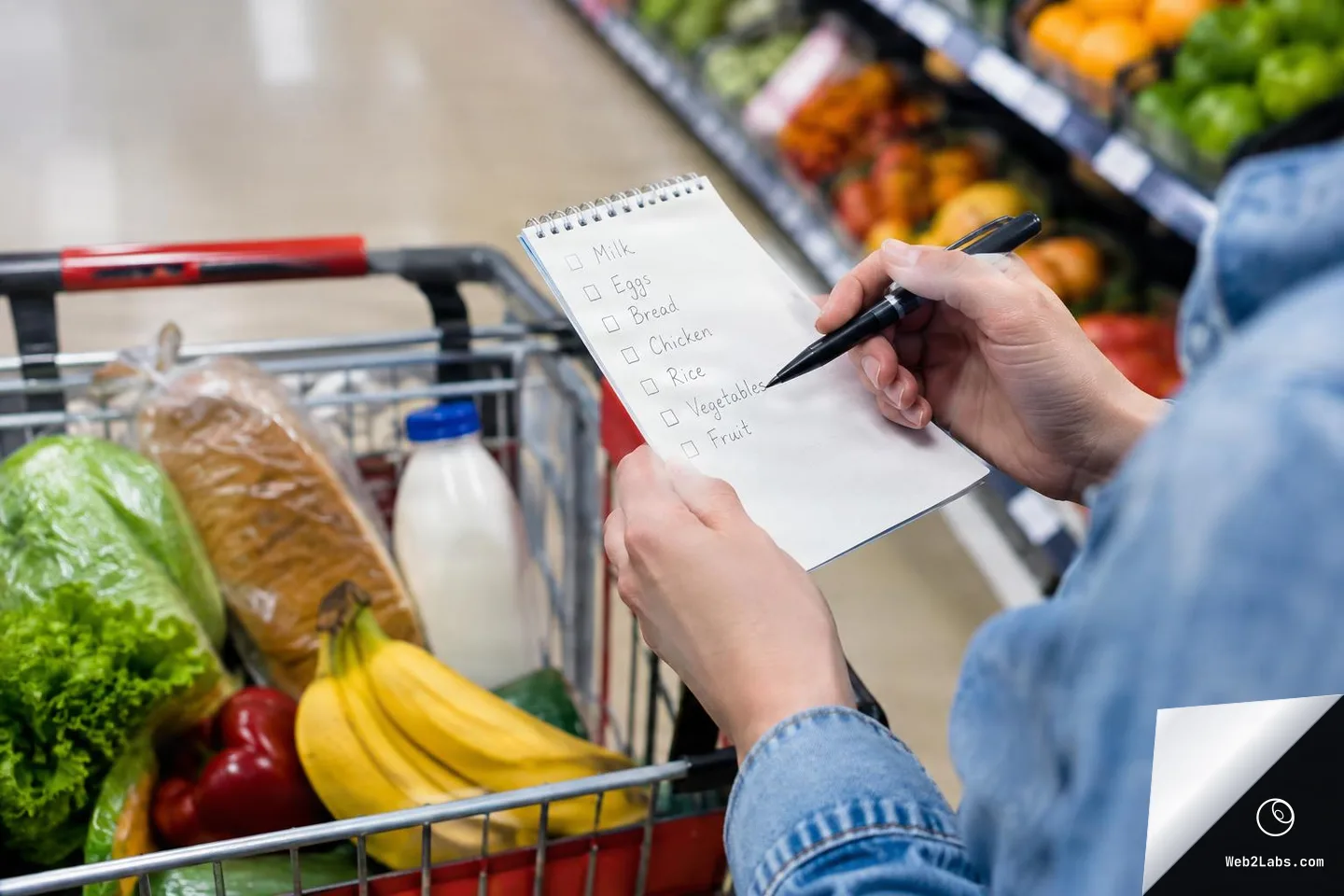 Close view of a person holding a pen and a small notebook grocery checklist beside a shopping cart with bananas, milk, bread, lettuce, and apples in a supermarket produce aisle.