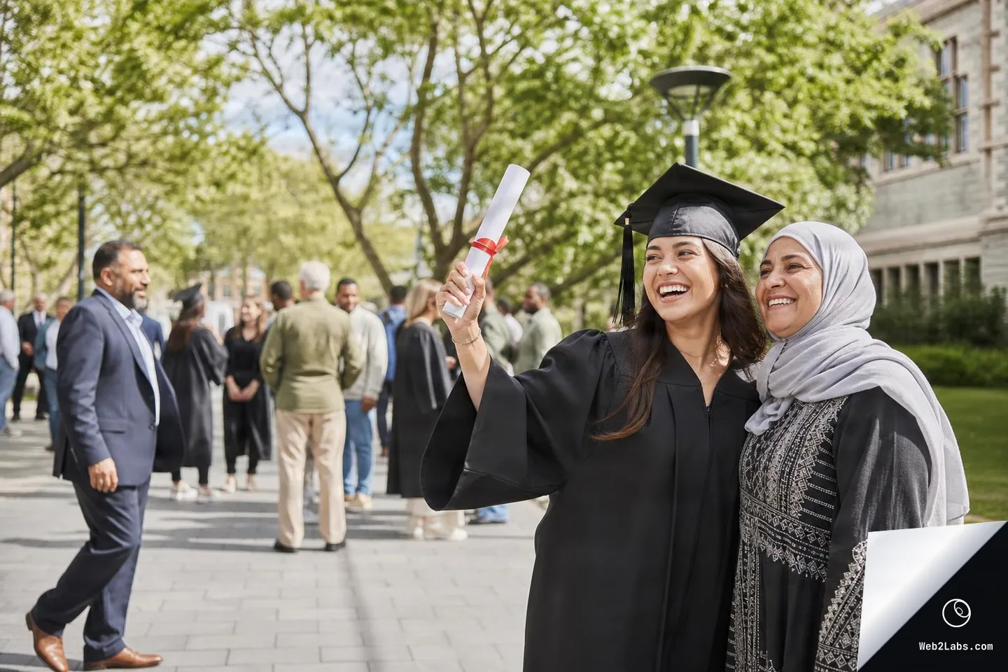 Smiling graduate in a black cap and gown holds up a rolled diploma and takes a selfie with an older woman wearing a light headscarf on a sunny campus walkway, with other people blurred in the background.