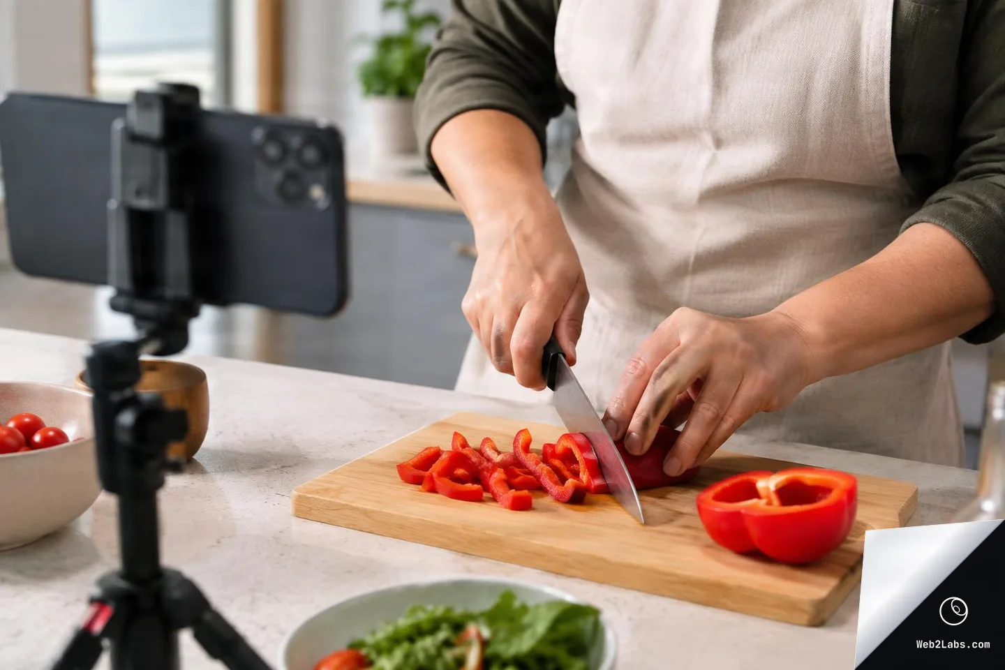 Person in an apron slicing red bell pepper on a wooden cutting board while a smartphone on a tripod films from the side in a bright kitchen.