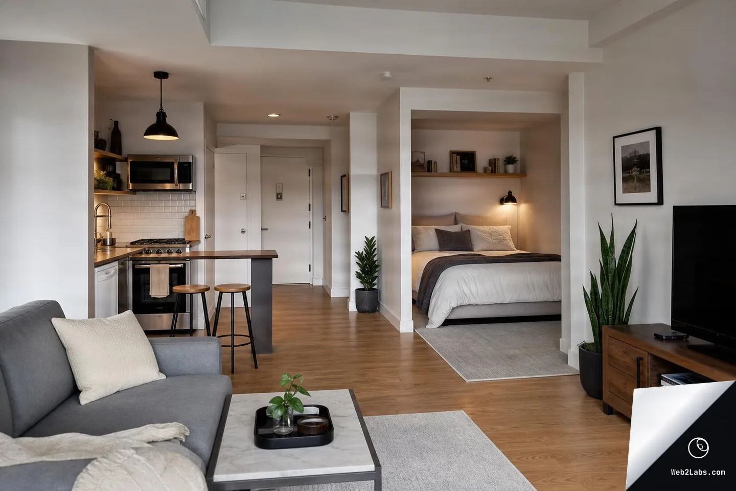 Horizontal photo of a small studio apartment with a gray sofa and coffee table in the foreground, a compact kitchen with two stools on the left, a bed alcove with a lamp and shelf in the back right, and a TV console with a tall plant on the right.