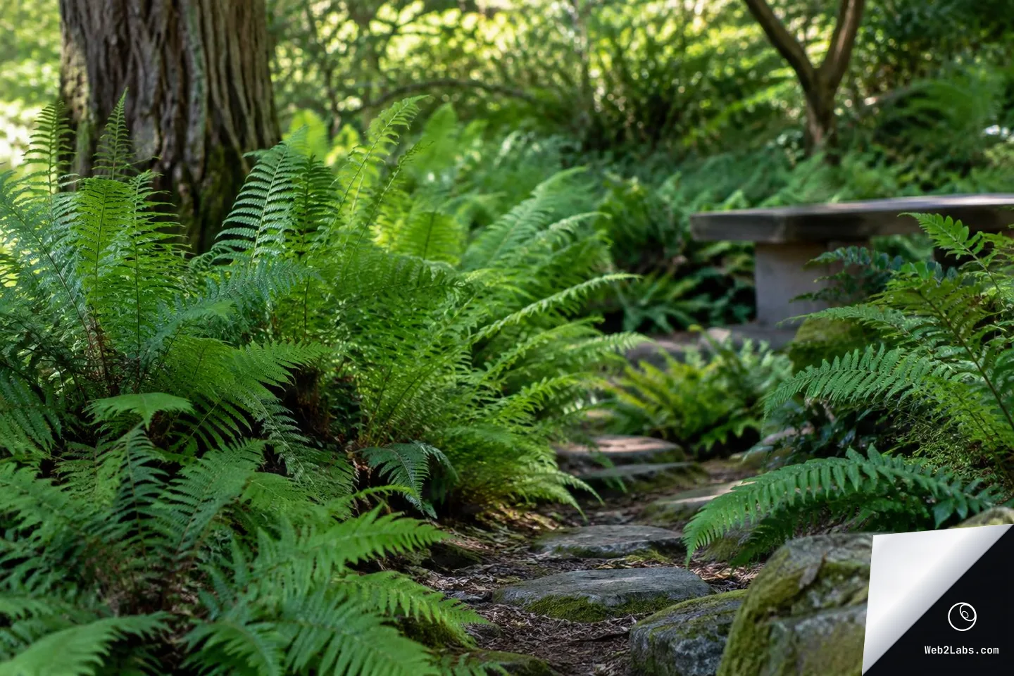 Low-angle view of a stone path winding through dense green ferns in a shaded garden, with a large tree trunk on the left and a bench on the right in soft focus.