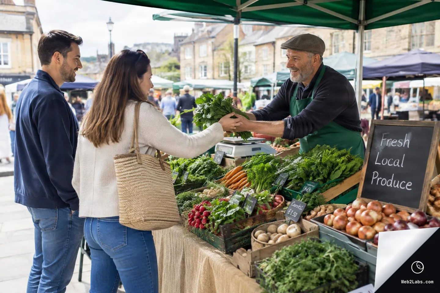 A smiling market vendor in an apron hands a bunch of leafy greens to a woman at an outdoor produce stall while a man waits beside her; vegetables and a chalkboard sign reading "Fresh Local Produce" are visible.