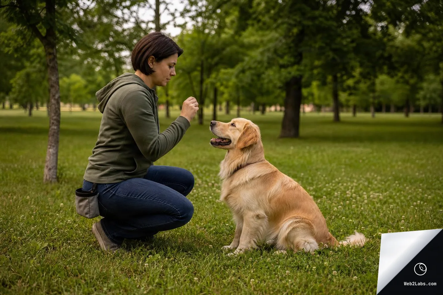 Woman kneeling in a park giving a hand signal to a seated golden retriever on grass with trees in the background.