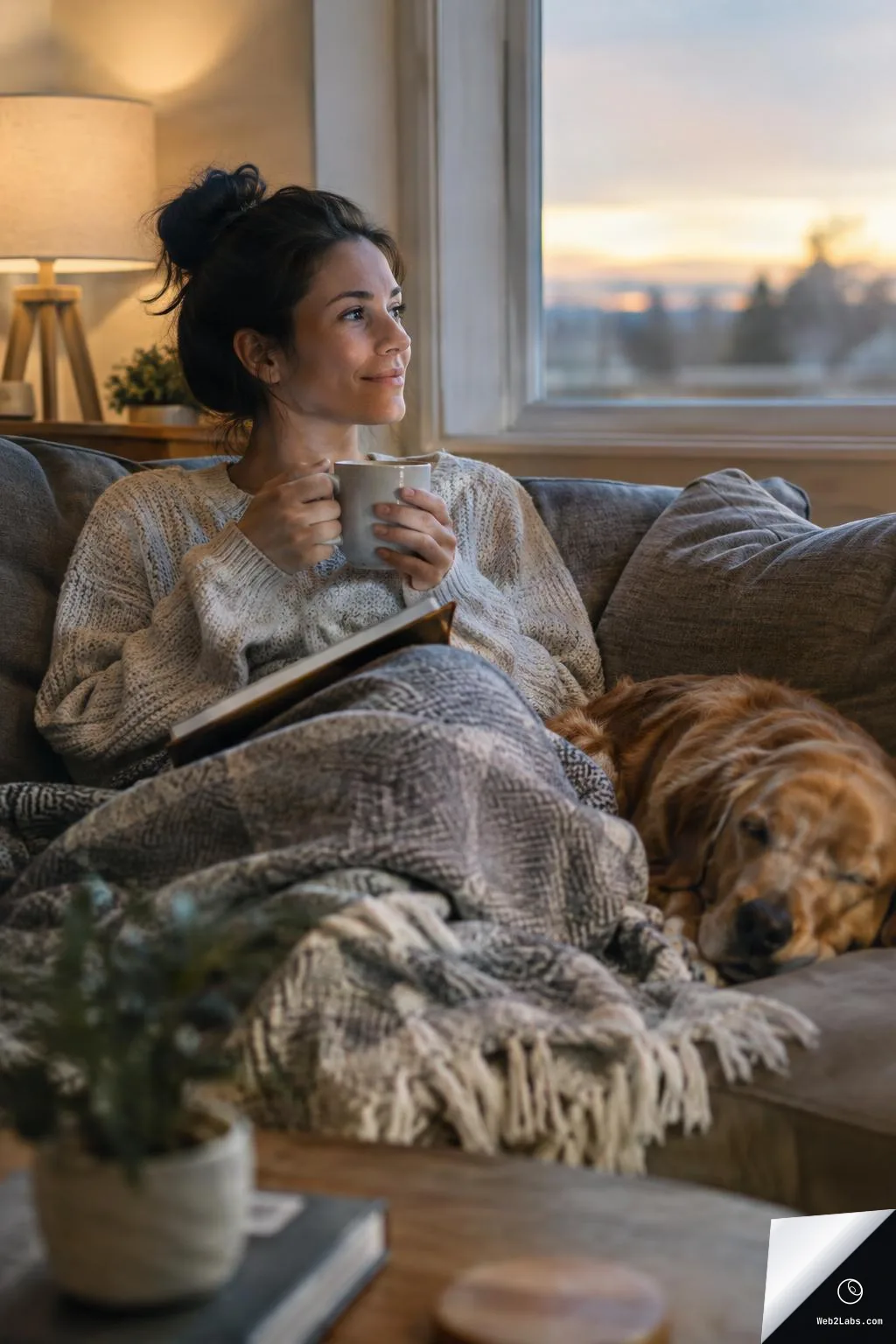 Woman in a knit sweater sits on a couch holding a mug and looking out a window at sunset while a golden retriever sleeps beside her under a patterned blanket.