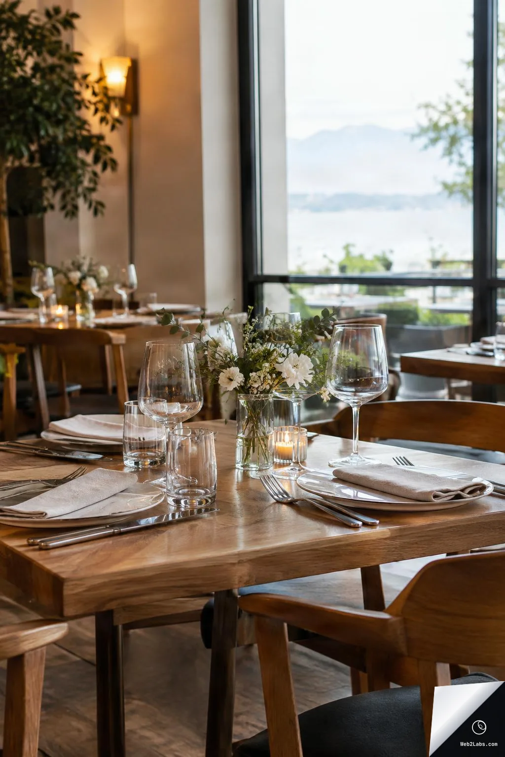 A set dining table in a modern restaurant with wine glasses, plates, folded napkins, cutlery, candles, and a floral centerpiece, with a large window and blurred outdoor view in the background.