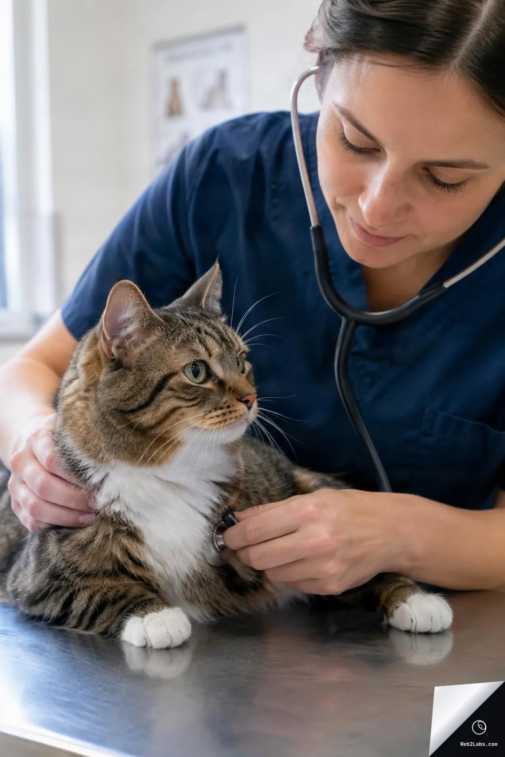 A veterinarian in navy scrubs listens to a tabby cat's chest with a stethoscope as the cat rests on a stainless steel exam table in a bright clinic.