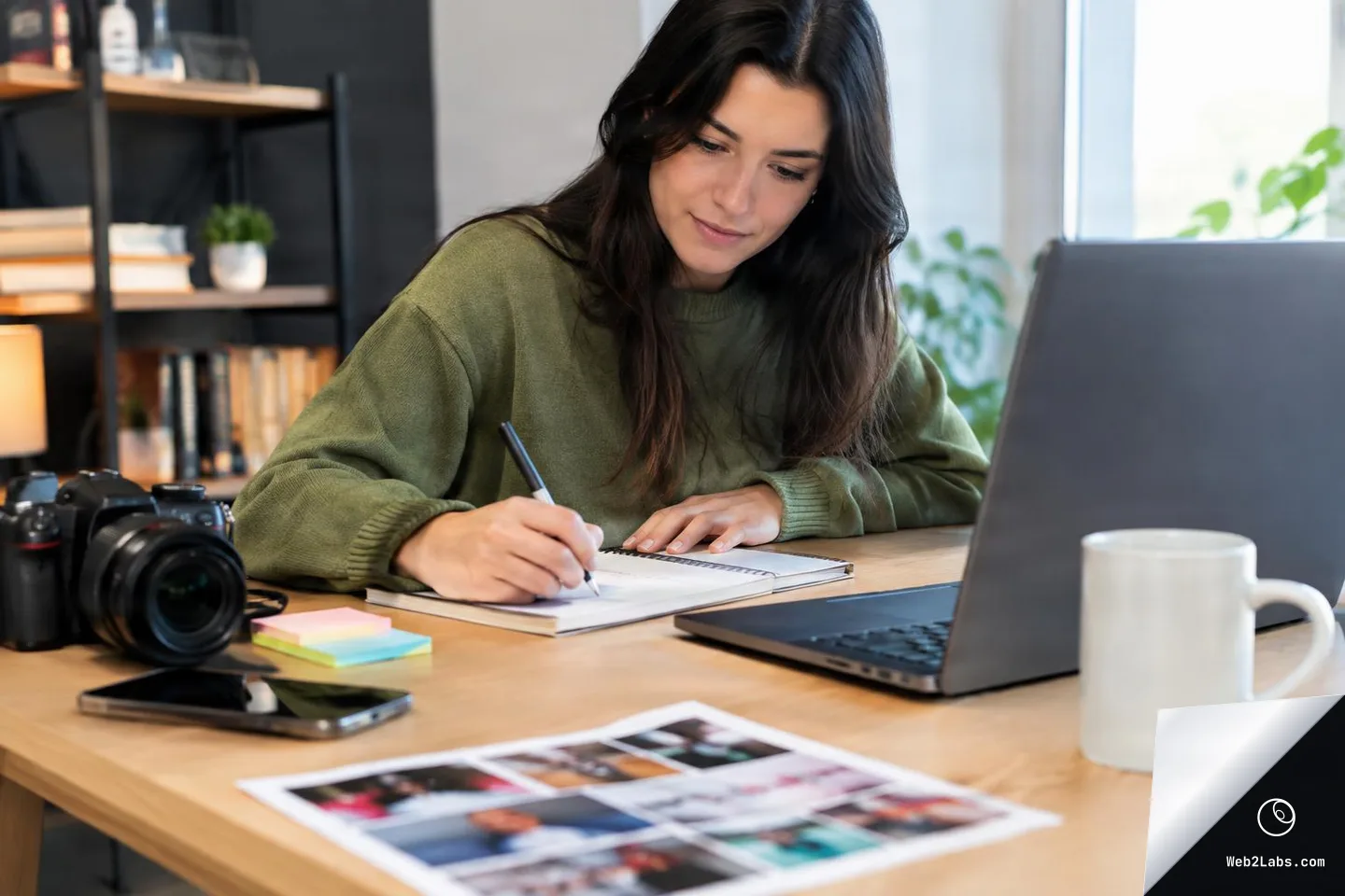 Woman writing notes in a notebook at a desk with a laptop, DSLR camera, sticky notes, smartphone, coffee mug, and printed photo references in the foreground.