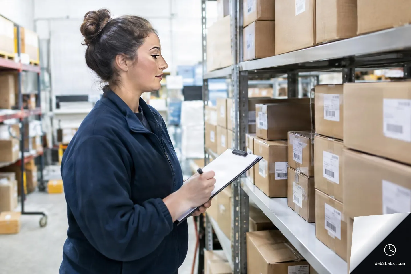 Side view of a warehouse worker holding a clipboard and checking labeled cardboard boxes on storage shelves.