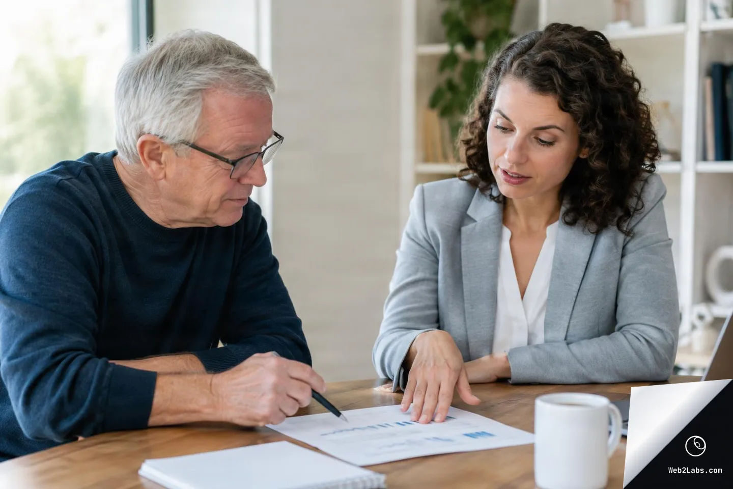 Older man with glasses and a younger female advisor sit at a wooden table reviewing printed financial charts, with a laptop and coffee mug nearby in a bright home office.