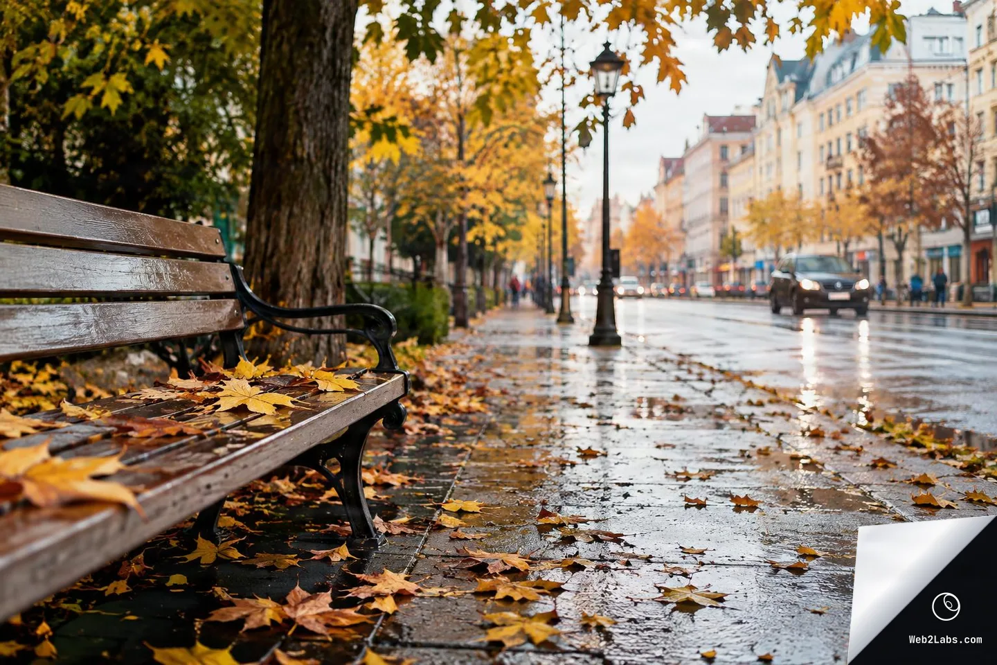 Low-angle view of a wet wooden bench with fallen autumn leaves beside a rain-soaked sidewalk, with yellow trees, street lamps, and blurred city traffic in the background.