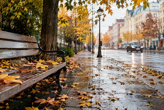 Rainy Autumn Street Bench