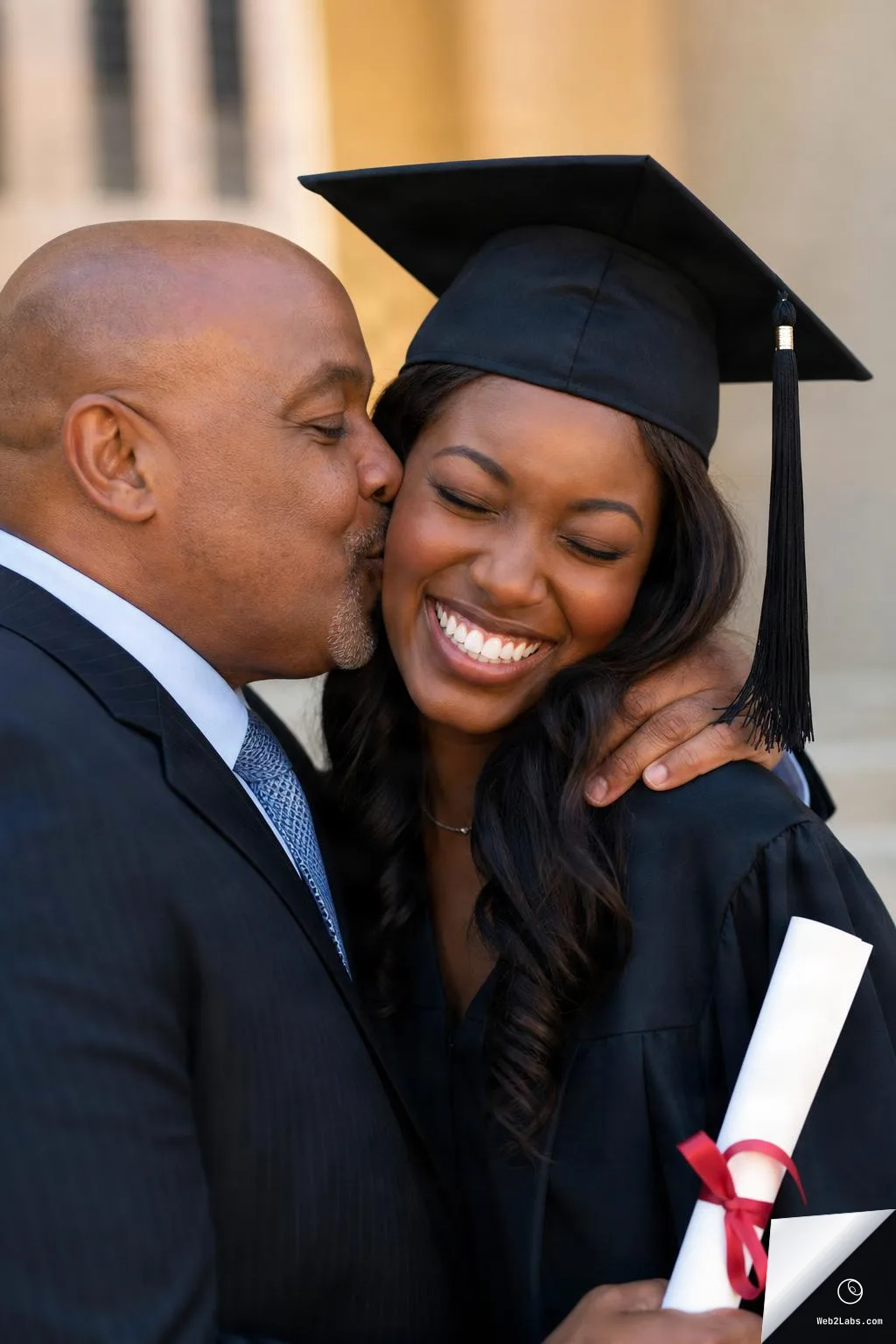 Close-up of a smiling graduate in a black cap and gown holding a rolled diploma with a red ribbon while an older man kisses her cheek.