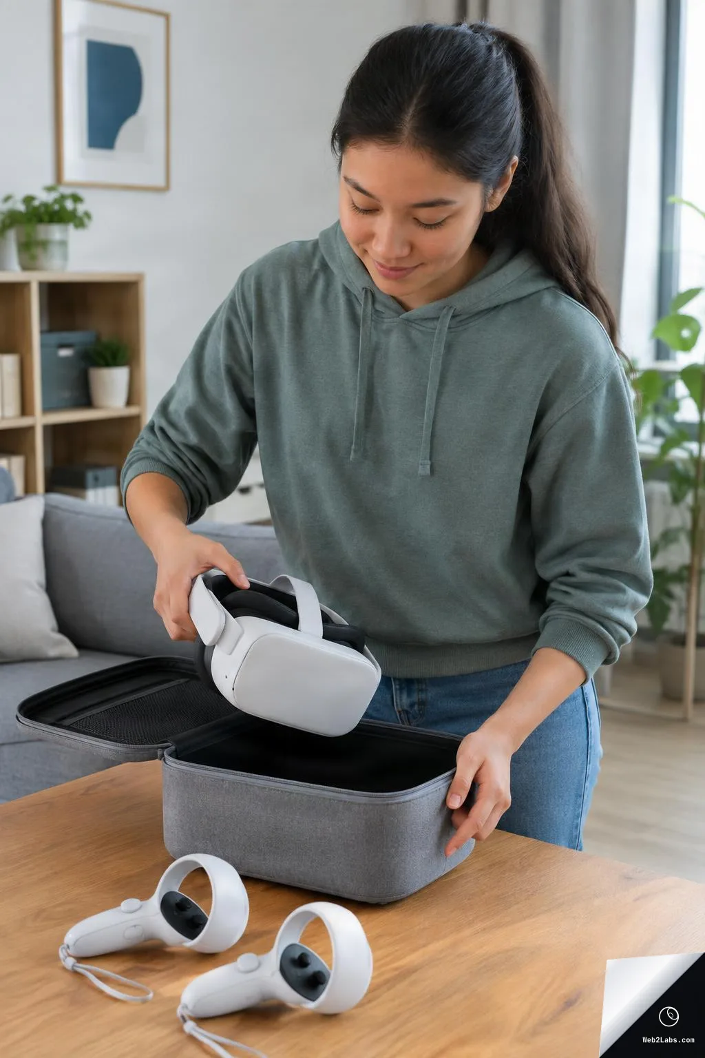 Woman in a green hoodie placing a white VR headset into an open gray carrying case on a wooden table, with two VR controllers in front in a bright living room.