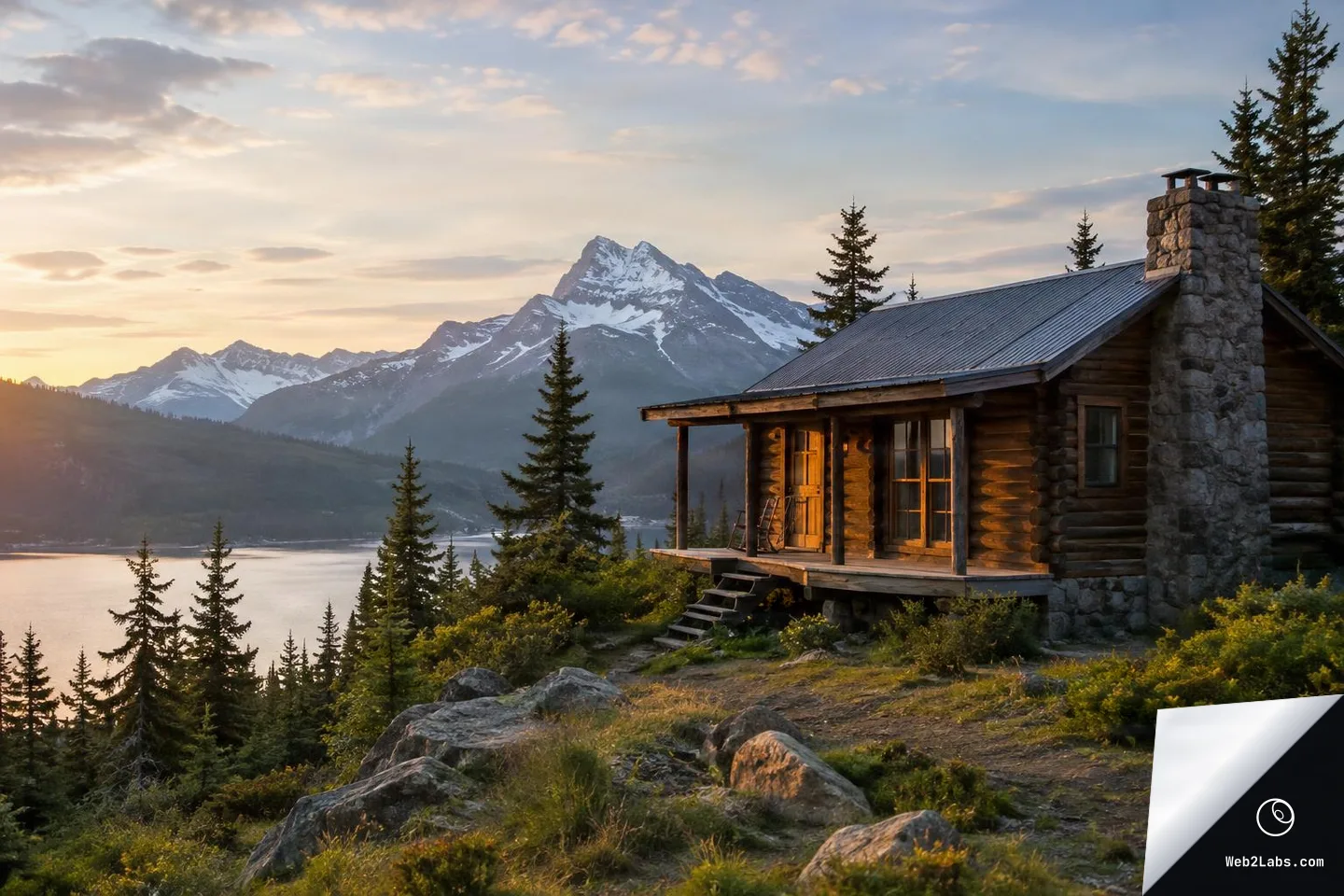 A rustic log cabin with a stone chimney on a hillside above a lake, lit by warm sunset light, with evergreen trees and snow-capped mountains in the distance under a partly cloudy sky.