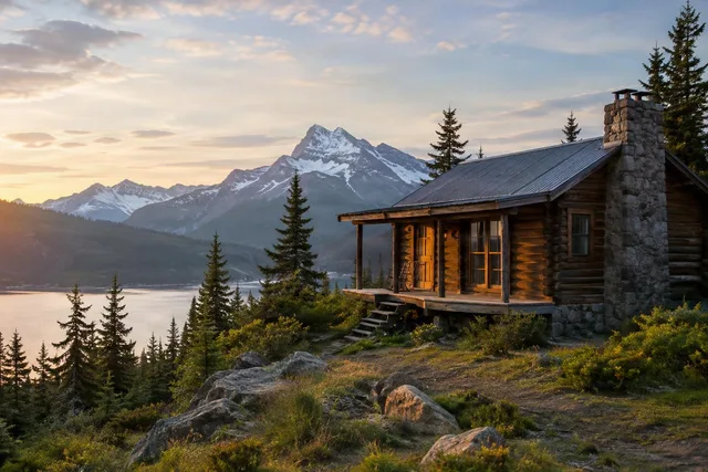 Mountain Lakeside Wilderness Cabin at Sunset