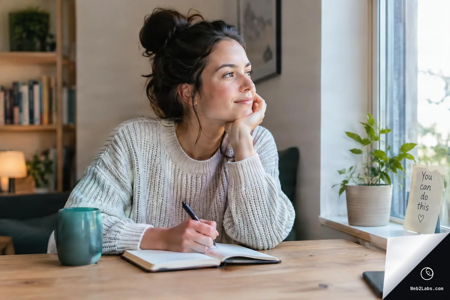 Woman in a light sweater sits at a wooden table writing in a notebook and looking out a window; a mug and phone are on the table, and a handwritten note on the windowsill reads "You can do this" with a heart.