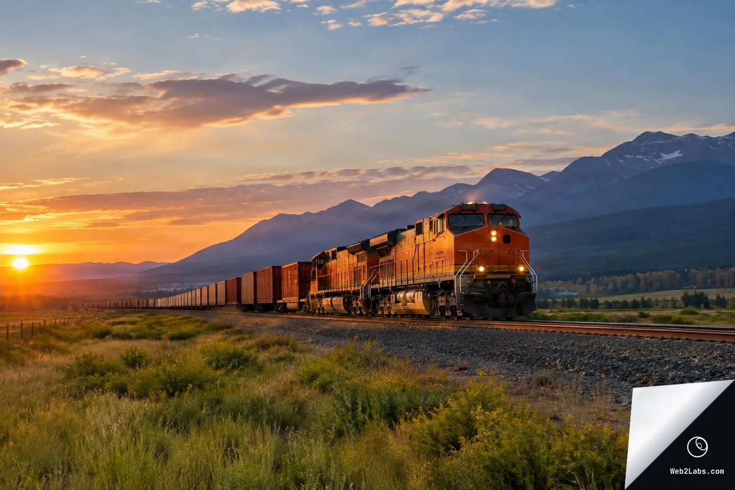 Long freight train with orange locomotives pulling container cars along railroad tracks through grassy fields, with mountains in the distance under a colorful sunset sky.