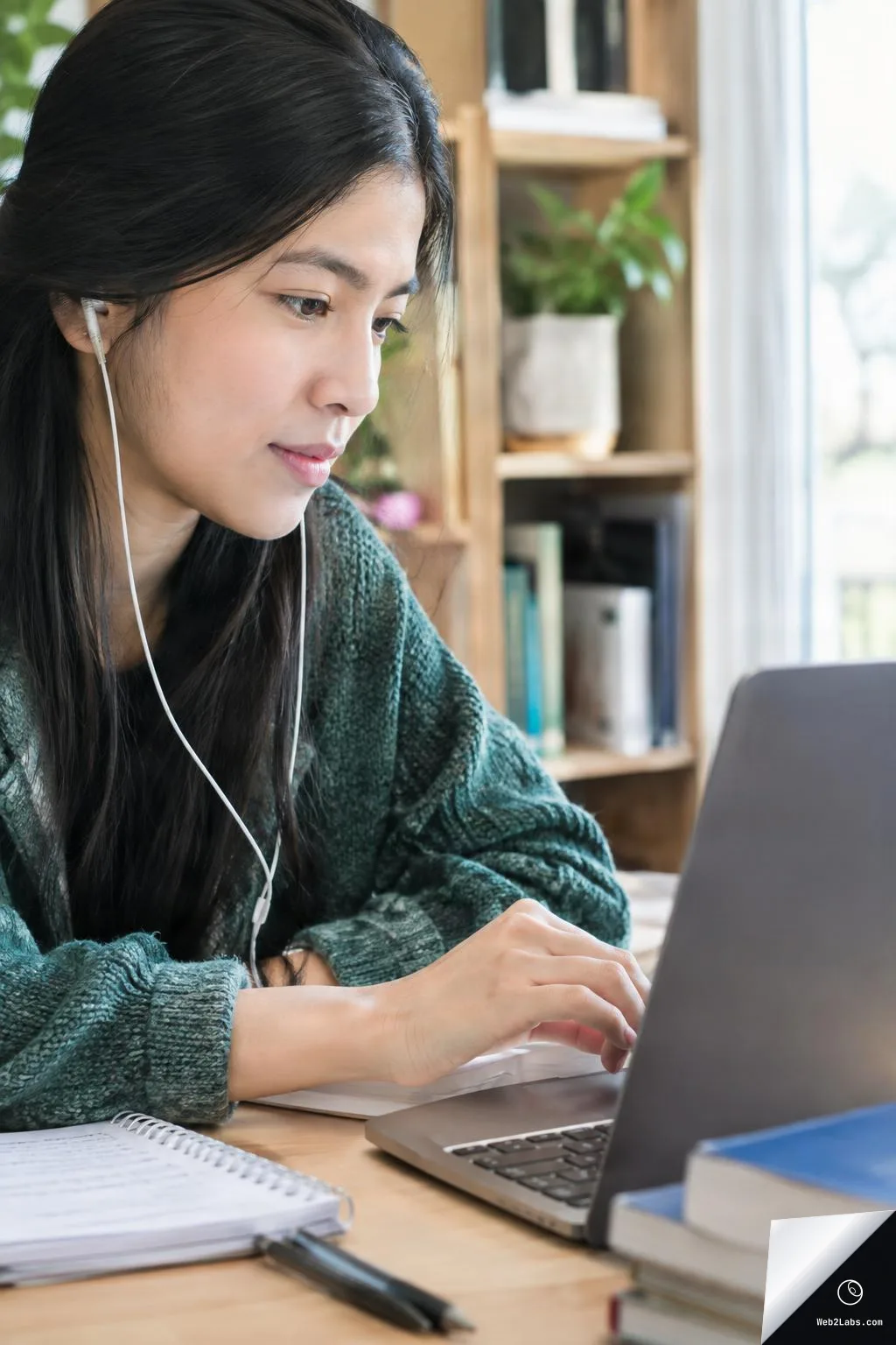 Young woman wearing wired earbuds studies on a laptop at a desk with a notebook, pen, and stacked books in a bright home office.