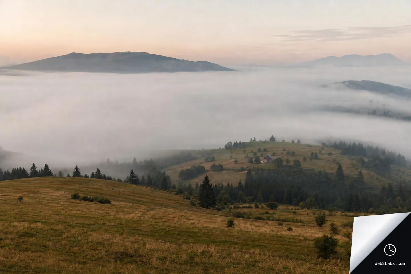 Elevated view of rolling grassy hills and a tree line with thick morning fog filling the valley, distant mountains on the horizon, and a small cabin on a ridge under a pastel sunrise sky.