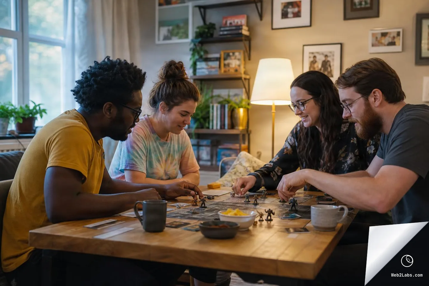 Four friends sit around a wooden table in a living room, leaning in and moving pieces on a cooperative board game with miniatures and cards, with mugs and snacks on the table and a lamp and shelves in the background.