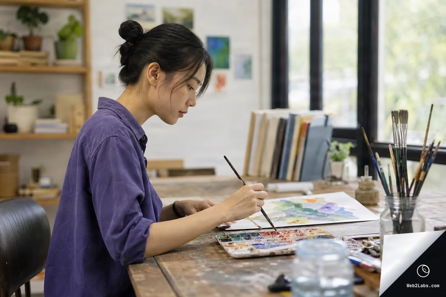 Side view of a woman seated at a wooden table painting a watercolor on paper, with a paint palette and jars of brushes on the table in a bright art studio.