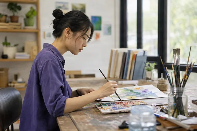 Artist Painting Watercolor at Desk