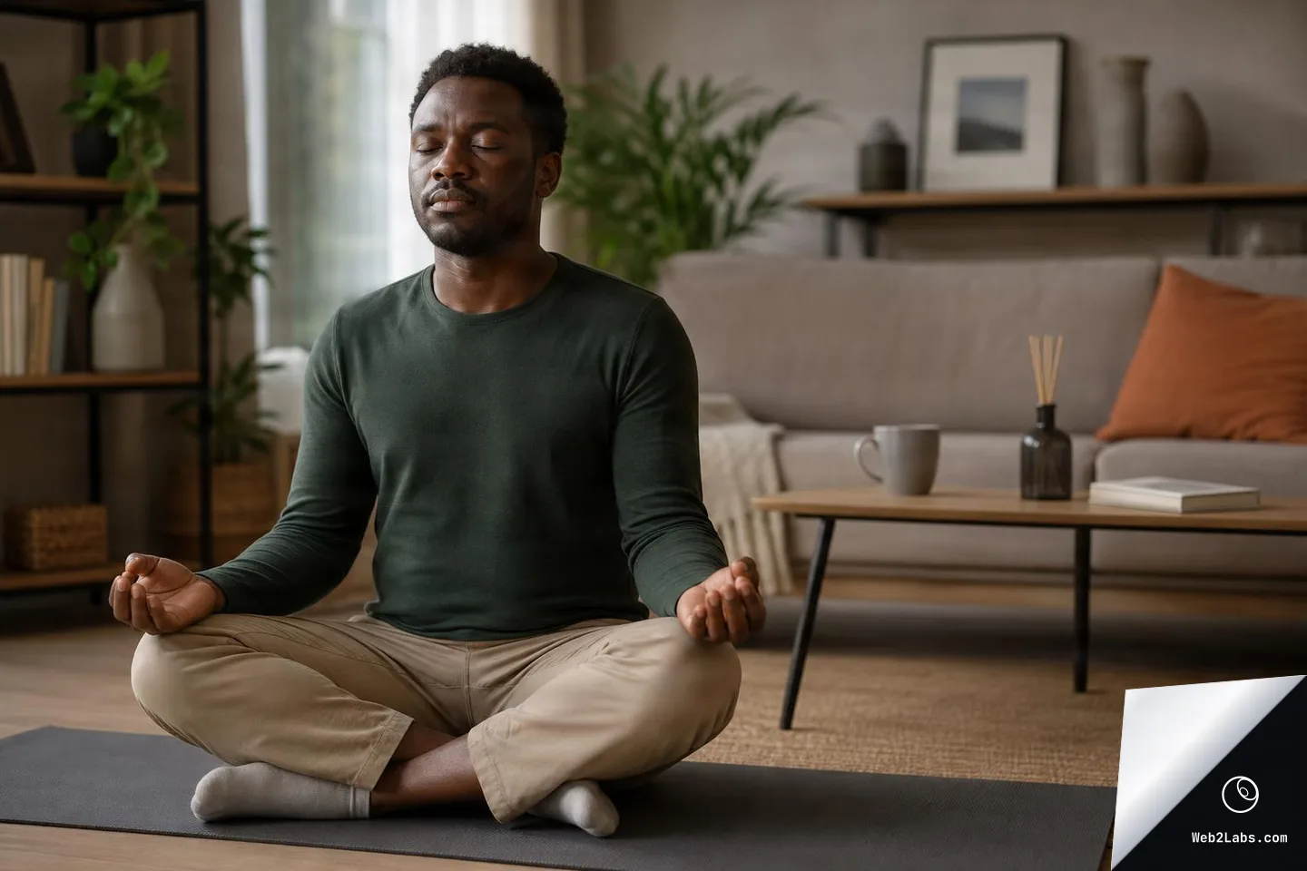 Adult man sits cross-legged on a yoga mat with eyes closed and hands resting on knees in a relaxed meditation pose in a modern living room with sofa, coffee table, plants, and framed art in the background.