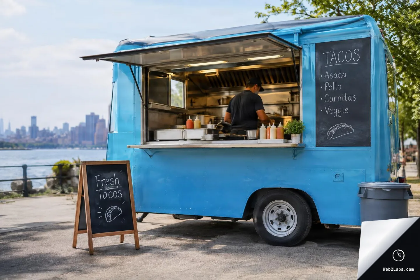 Blue taco food truck parked by a waterfront with the service window open, a cook working inside, condiment bottles on the counter, and chalkboard menu signs reading taco options.