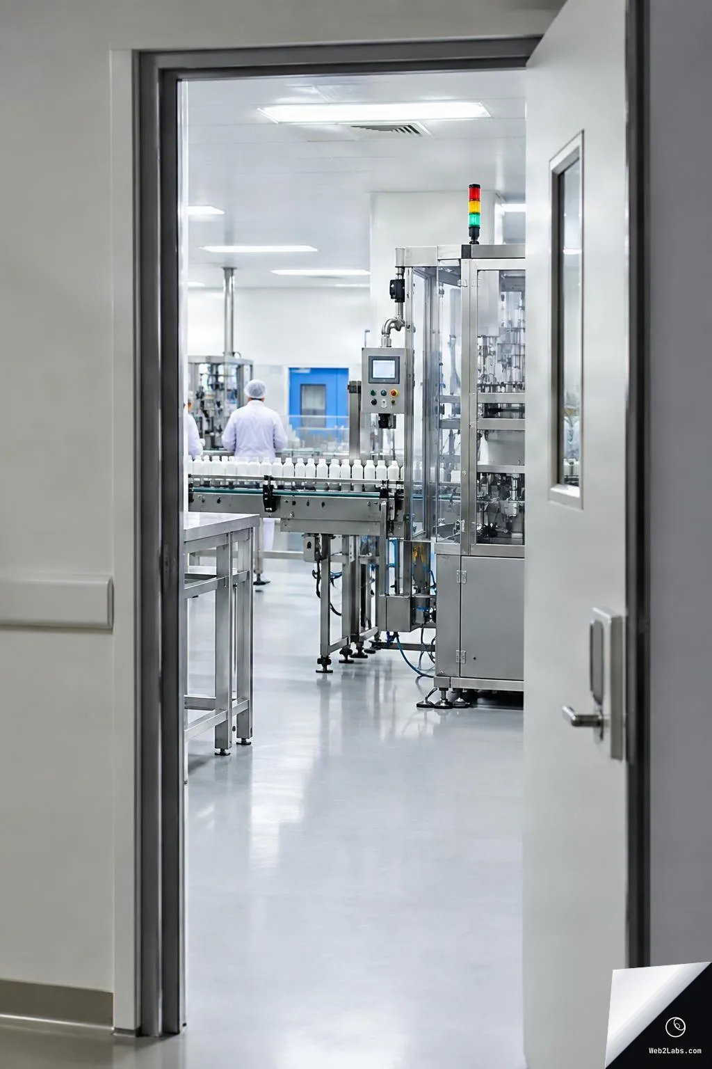 View through an open doorway into a bright clean manufacturing room with stainless steel machinery, a conveyor carrying small white bottles, and workers in white coats and hairnets in the background.