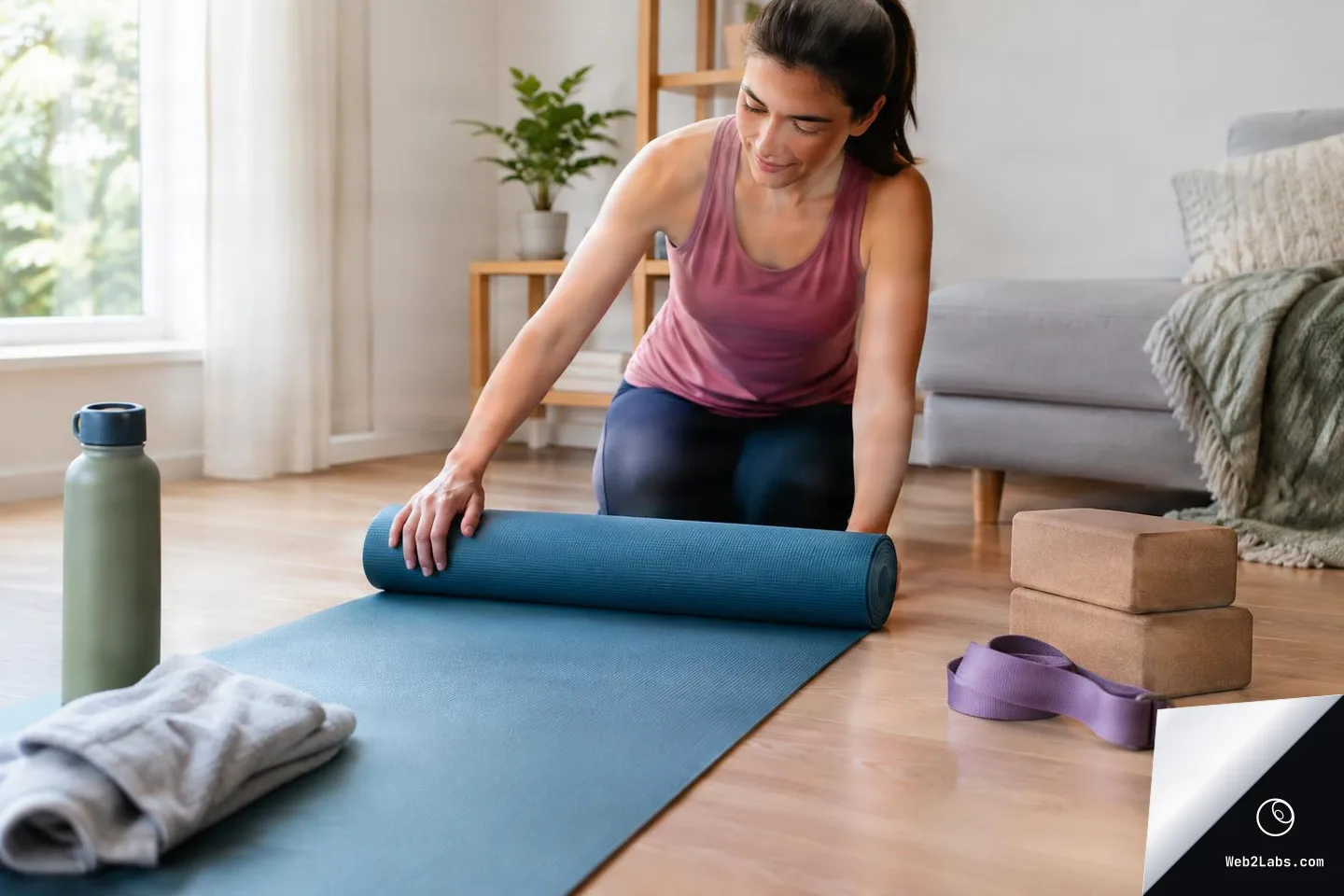 Woman in athletic wear kneeling on a wooden floor and unrolling a blue yoga mat, with yoga blocks, a purple strap, a towel, and a water bottle arranged nearby in a bright living room.