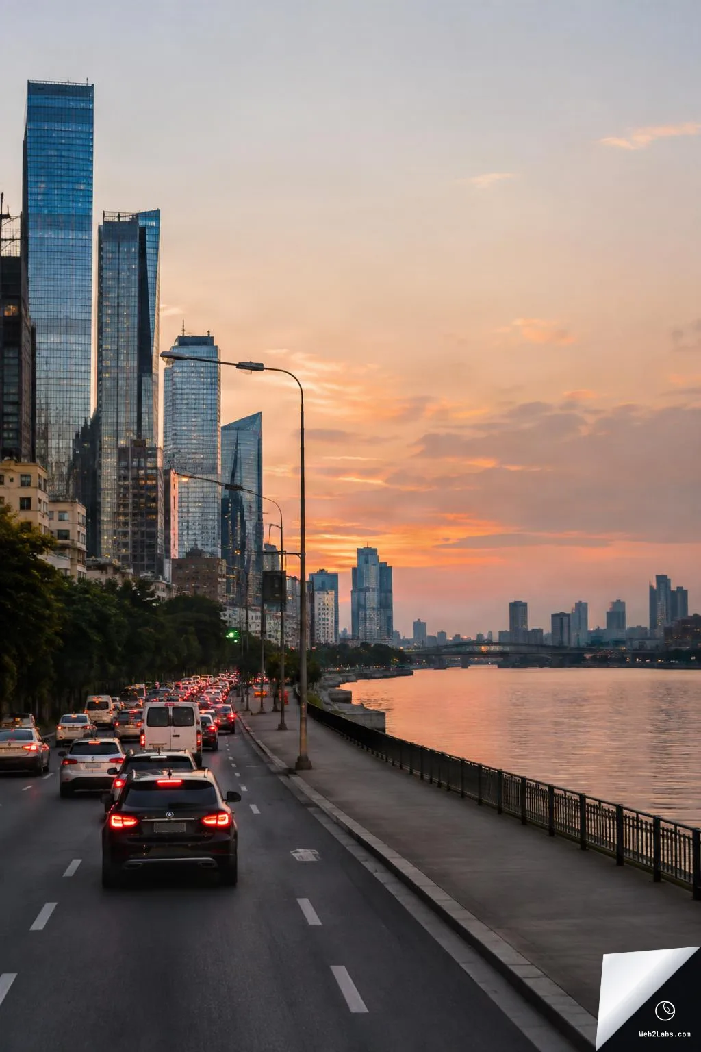 Traffic jam on a riverside city road at sunset, with tall glass skyscrapers on the left and open sky and river on the right.