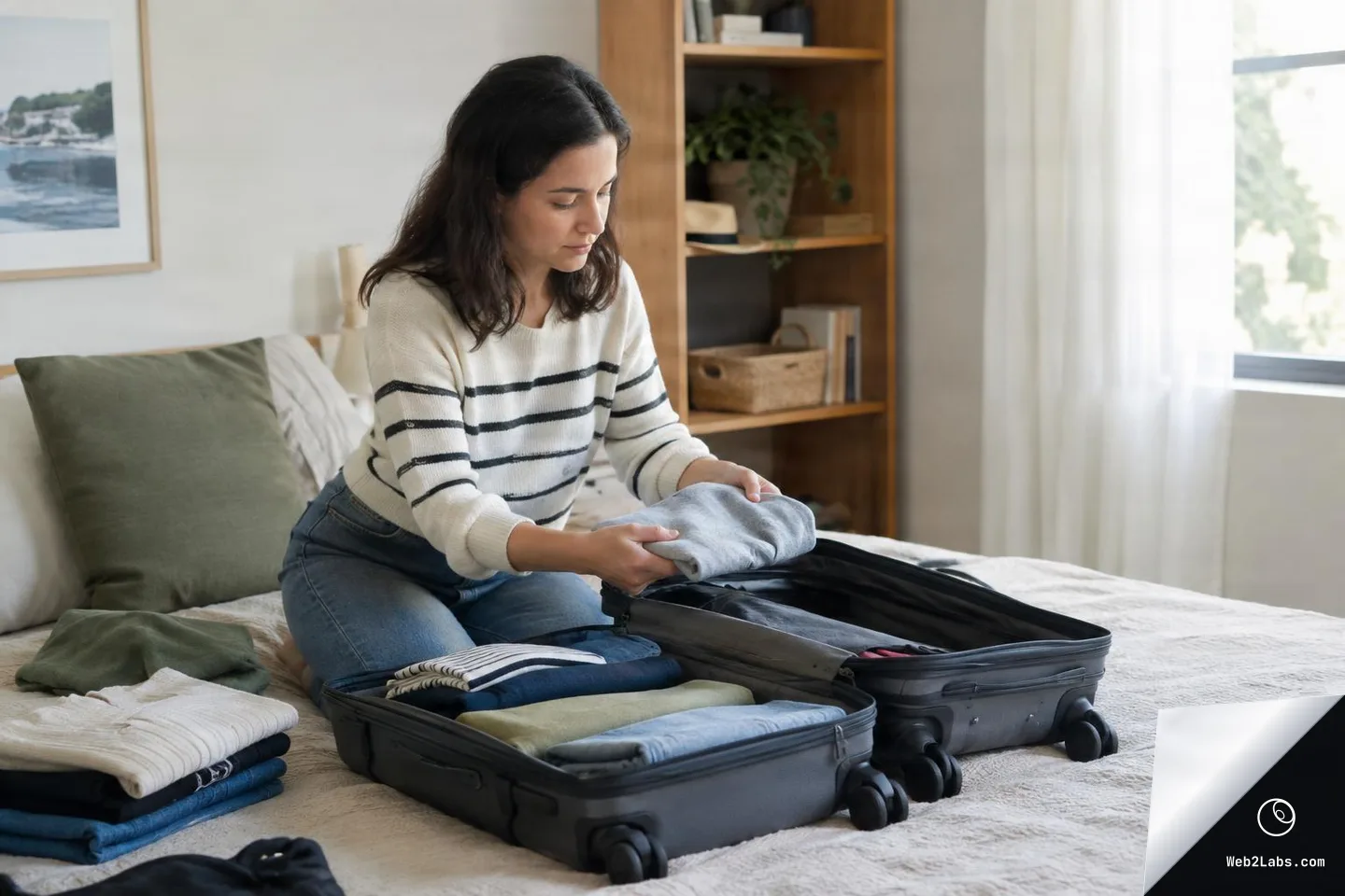 Woman kneeling on a bed placing folded clothes into an open black suitcase in a bright bedroom with shelves and a window in the background.