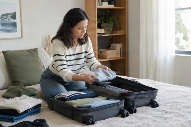 Woman Packing Suitcase on Bed