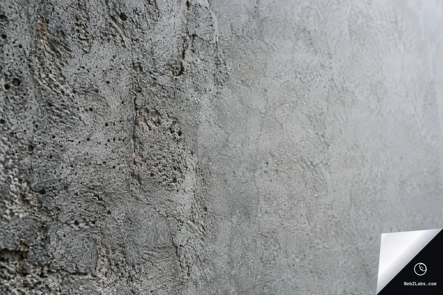 Horizontal close-up of a grey concrete wall, sharply detailed and pitted on the left side and softer, smoother and more out of focus toward the right.