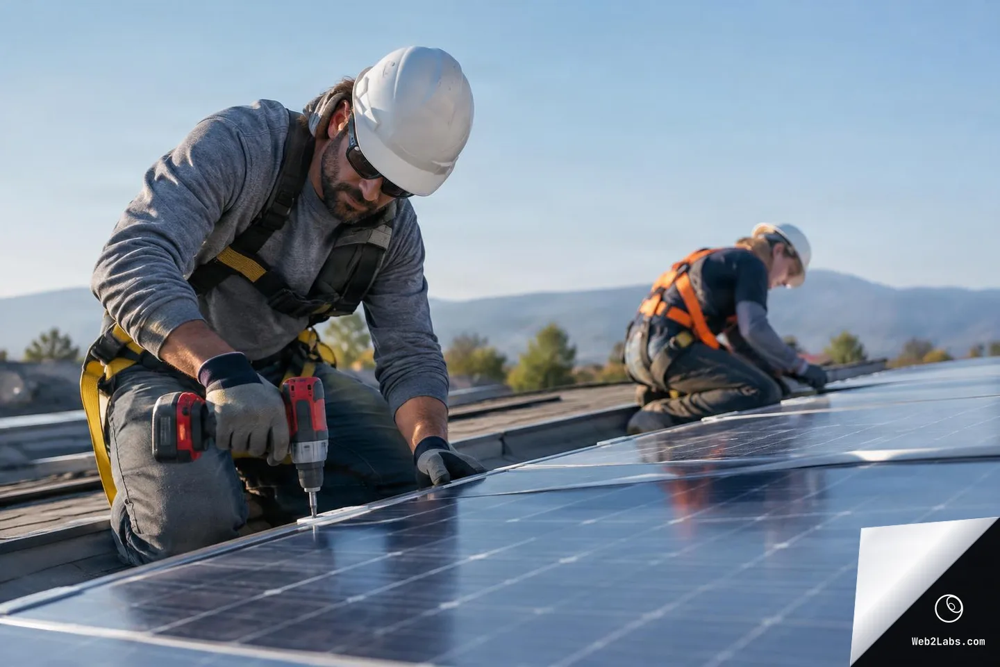 Two solar installers in hard hats and safety harnesses work on rooftop solar panels; the foreground worker uses a cordless drill to fasten a panel while another installer works in the background under a clear sky.