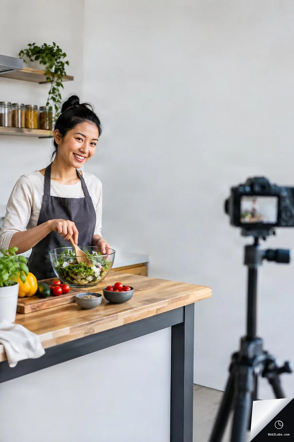 Smiling woman in an apron mixes salad in a glass bowl at a kitchen island while a camera on a tripod records from the right, with a large blank wall area for text.